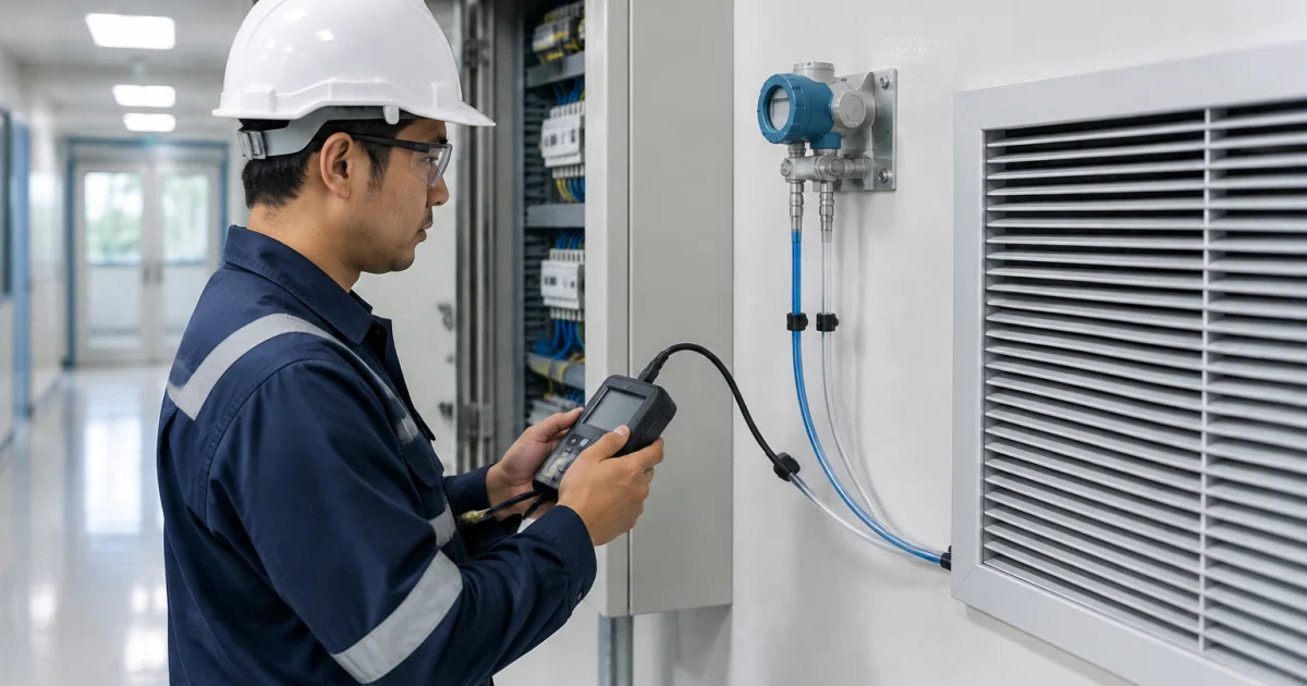 Engineer checking differential pressure control for a clean room air conditioning system in Malaysia