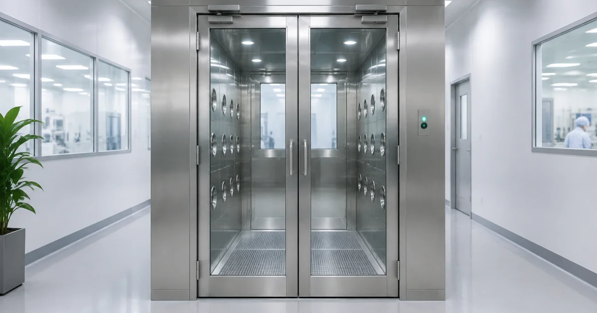 Installed cleanroom air shower chamber at a controlled entry in Malaysia