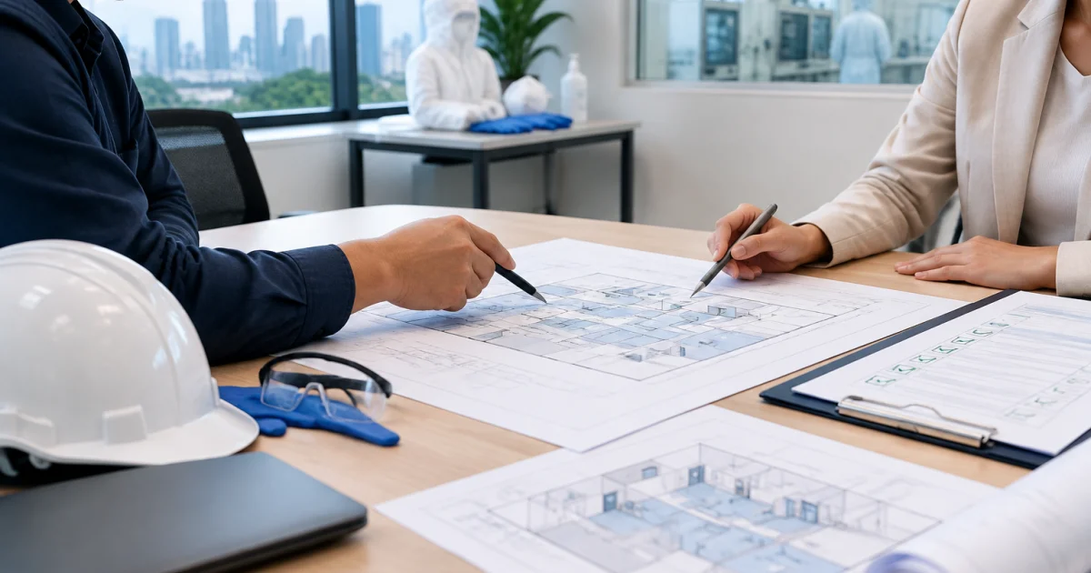 Engineer and facility manager reviewing cleanroom contractor scope and acceptance criteria documents