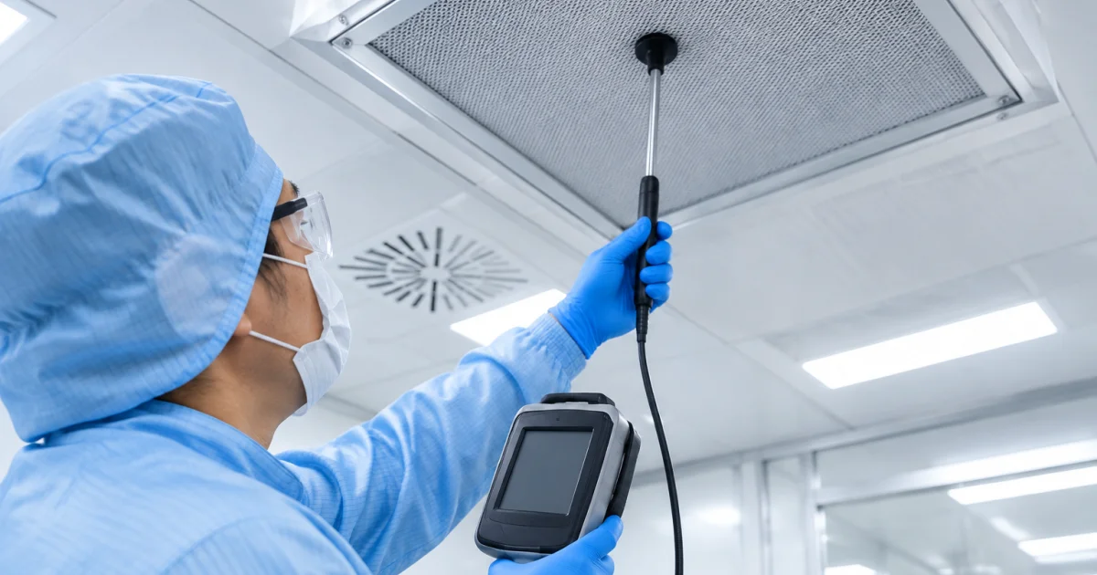 Technician performing HEPA leak testing to validate cleanroom filtration performance