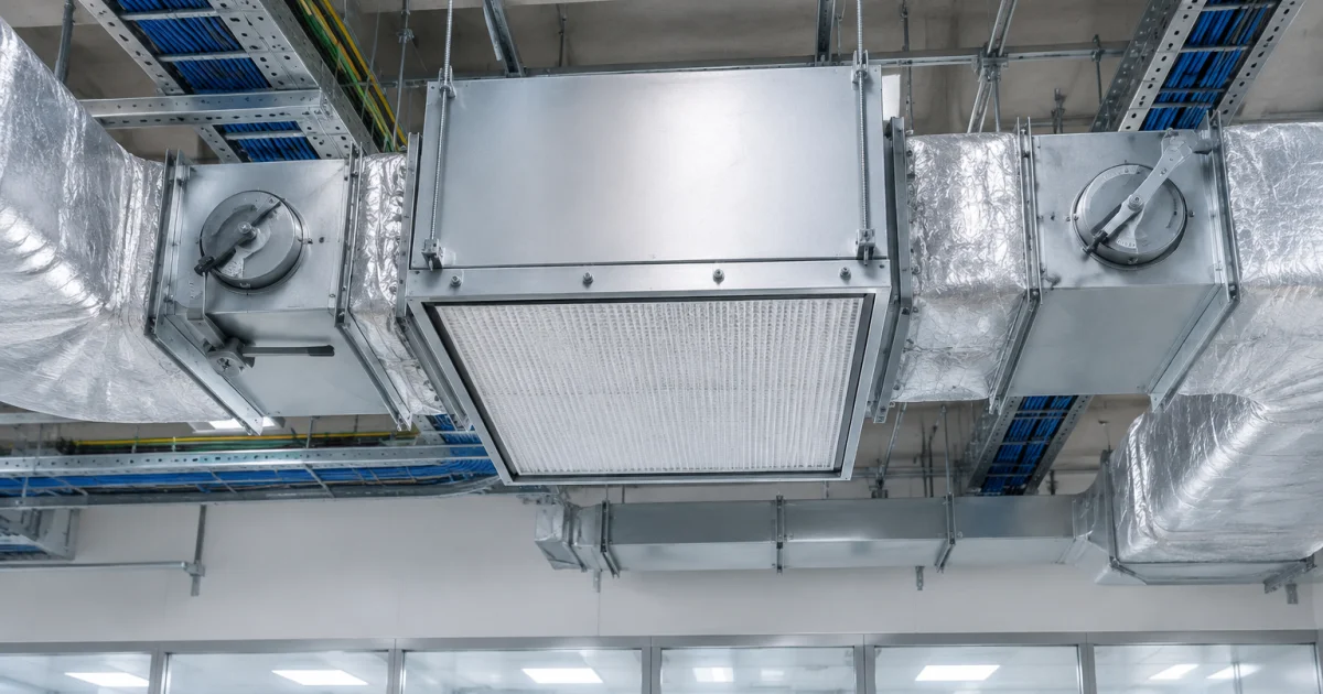 Cleanroom HVAC and HEPA filtration components above the ceiling plenum